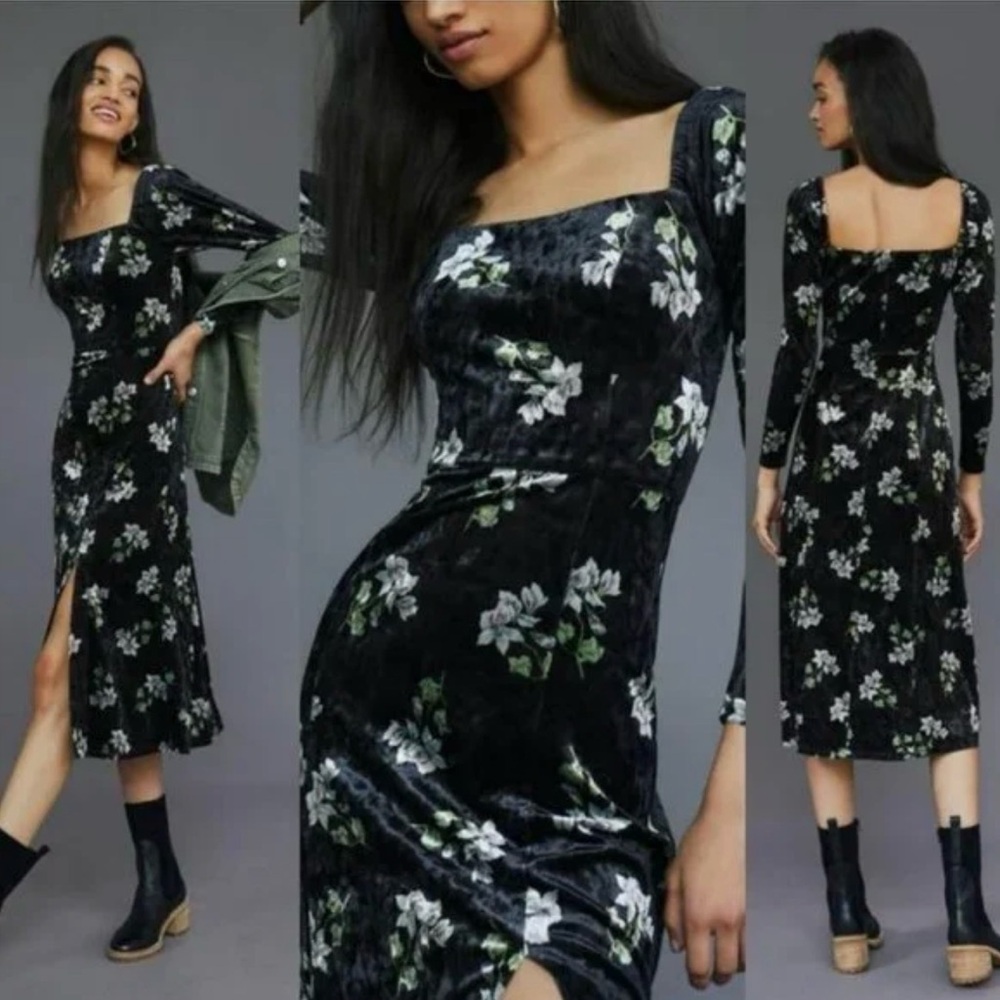 Hutch Anthropologie Velvet Floral Midi Dress XL NWT Black Long Sleeve